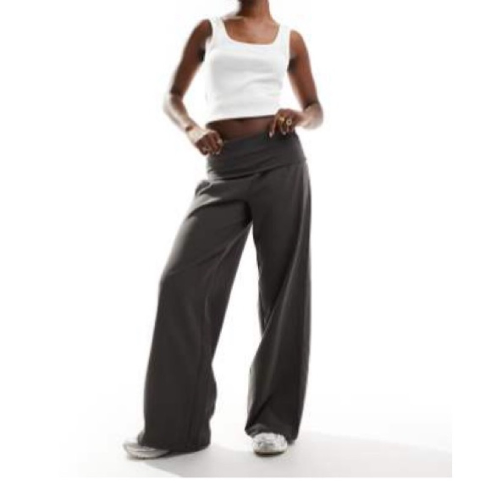 Pull&Bear Charcoal Fold Over Wide-Leg Trousers